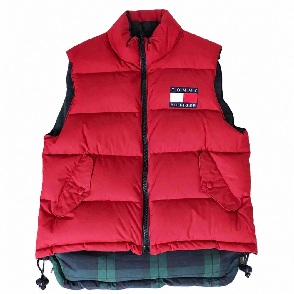 Vintage Tommy Hilfiger Reversible Puffer Vest Men’s L Red Plaid Crest Logo